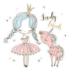 Little cute Princess combs the mane of her unicorn. Vector.