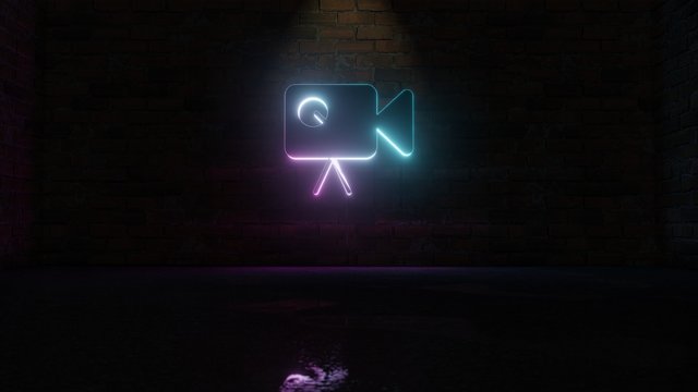 3D Rendering Of Blue Violet Neon Symbol Of Video Camera  Icon On Brick Wall