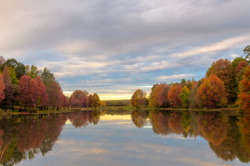 Obraz premium Autumn colored trees reflection on water before sunrise
