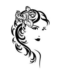 beautiful elf woman with sharp ears and iris flower in hair - black and white vector portrait of fairy tale nymph
