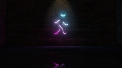 3D rendering of blue violet neon symbol of walking icon on brick wall