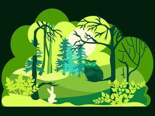 Paper art, cut and craft style of Green forest wildlife with nature background layers. Wild animals and birds. raster