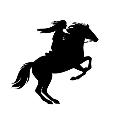 native american indian woman riding rearing up horse - black and white vector silhouette design