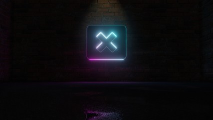 3D rendering of blue violet neon symbol of window close icon on brick wall