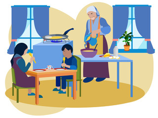 Grandma prepares breakfast for her grandchildren. Kitchen interier. In minimalist style Cartoon flat raster