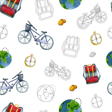 Seamless pattern with watercolor and outline backpack, bicycle, compass, coins, world. Hand drawn illustration isolated on white. Template are perfect for travel design, wallpaper, fabric textile