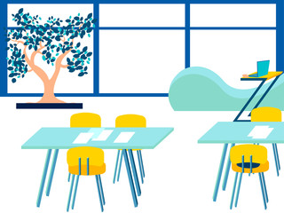 Office interior, workplace. In minimalist style Cartoon flat raster