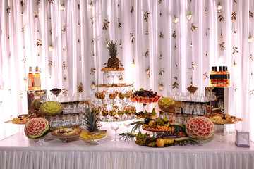 Fresh, exotic, organic fruits, light snacks in a plate on a buffet table. Assorted mini delicacies and snacks, restaurant food at event. Decorated delicious table for a party goodies.