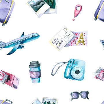 Seamless pattern with watercolor suitcase, coffee, sunglasses, plane, camera. Hand painted illustration isolated on white. Tourist template is perfect for wallpaper, fabric textile, travel design