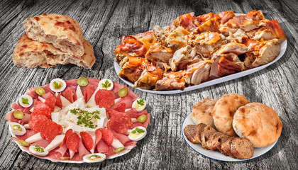 Fresh Spit Roasted Pork Meat and Traditional Garnished Appetizer Savory Dish with Pita Bread Loaves...