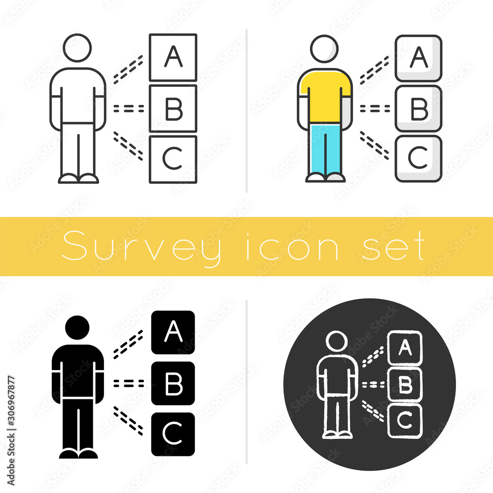 Poster personal survey icon. multiple choices. select option. psychological test. client interview. persona