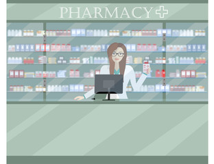 Pharmacist showing some medicine. Pharmaciy. Young woman at the workplace in a pharmacy: standing in front of shelves with medicines. Vector illustration