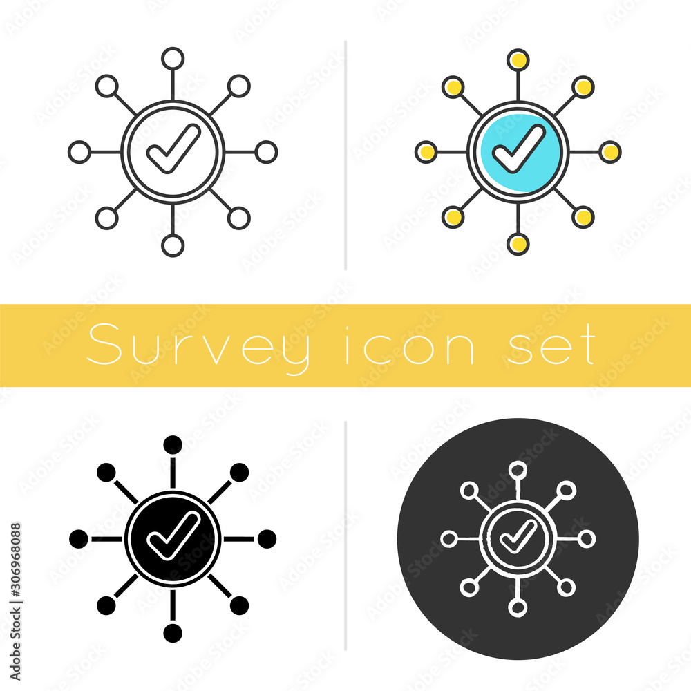 Poster survey mark icon. correct answer. right checkmark. approve mark. chart spread. molecular structure s