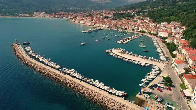 Aerial view above of Ba&scaron;ka boat pier during the summer, Croatia.
