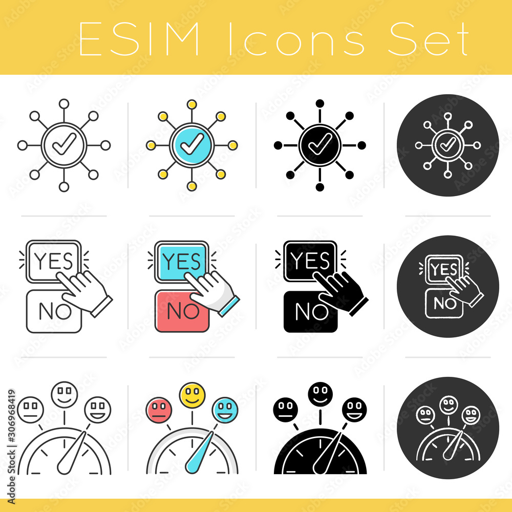 Poster survey icons set. correct answer. yes and no buttons. hand clicking option. right checkmark. satisfa