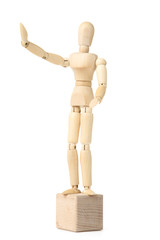 Wooden figure standing on cube on white background