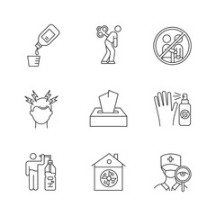 Common cold linear icons set. Fatigue. Avoid contact. Headache. Tissue, antiseptic. Water. Ventilation. Doctor visit. Thin line contour symbols. Isolated vector outline illustrations. Editable stroke