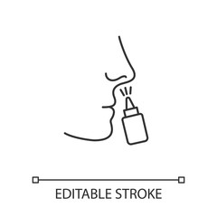 Drip nose linear icon. Nasal disease. Common cold. Medication. Disease treatment. Respiratory sprayer. Thin line illustration. Contour symbol. Vector isolated outline drawing. Editable stroke