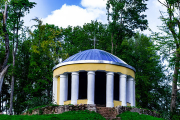 large chapel on a hill, view from the bottom, selective focus