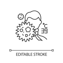 Influenza virus linear icon. Man with fever. Common cold. Healthcare. Flu infection. Microbe outbreak. Thin line illustration. Contour symbol. Vector isolated outline drawing. Editable stroke