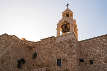 backlit bell tower belfry of the christian church of the nativity in bethlehem west bank palestine...