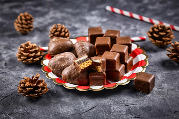 German traditional sweets called 'Dominosteine', food sold around Christmas season consisting of gingerbread, jelly and marzipan layers covered with chocolate icing and gingerbread hearts