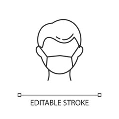 Disposable medical mask linear icon. Common cold. Contagious disease. Respiratory problem. Medical worker. Thin line illustration. Contour symbol. Vector isolated outline drawing. Editable stroke