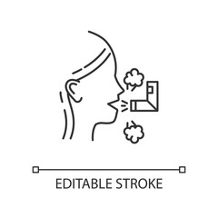 Inhalation linear icon. Respiratory treatment. Asthma help. Sick girl with sprayer. Healthcare. Common cold. Thin line illustration. Contour symbol. Vector isolated outline drawing. Editable stroke