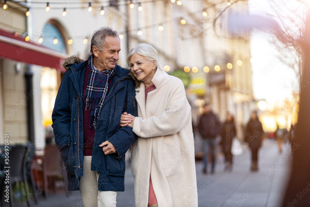 Poster senior couple walking on the city street at winter day