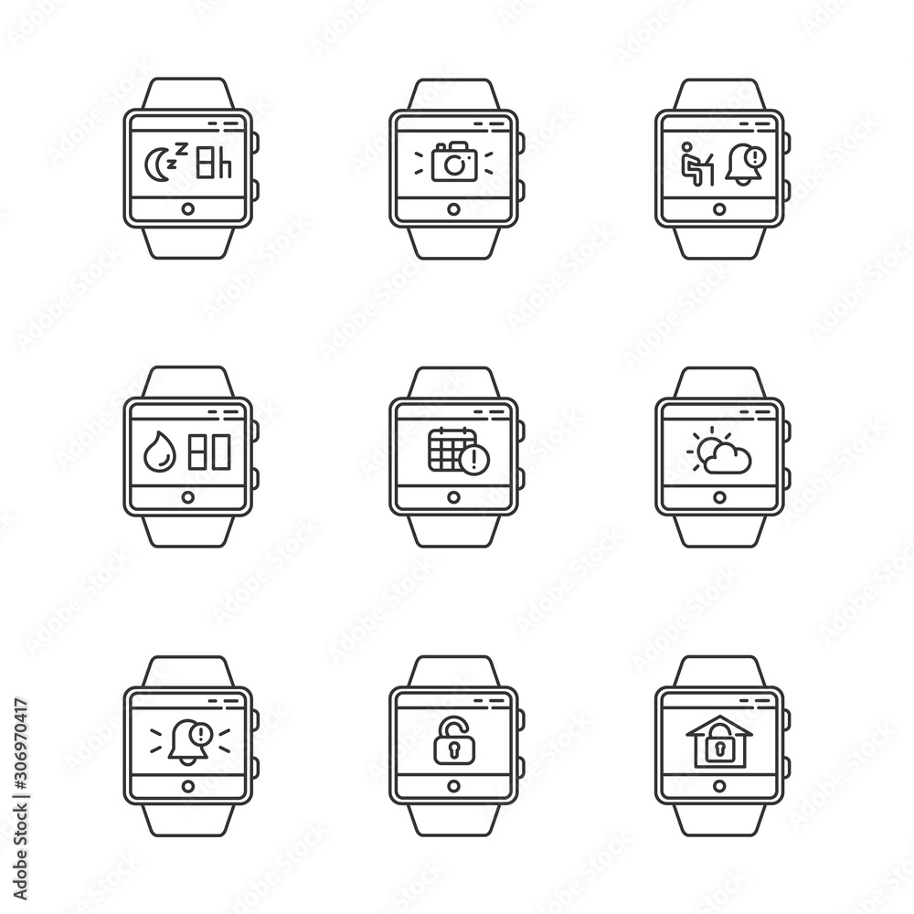Poster fitness tracker functions linear icons set. smartwatch capabilities. scheduling events, sleep timer,