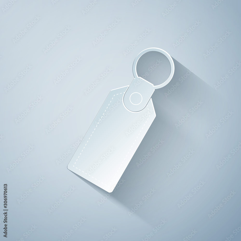Poster paper cut rectangular key chain with ring for key icon isolated on grey background. paper art style.