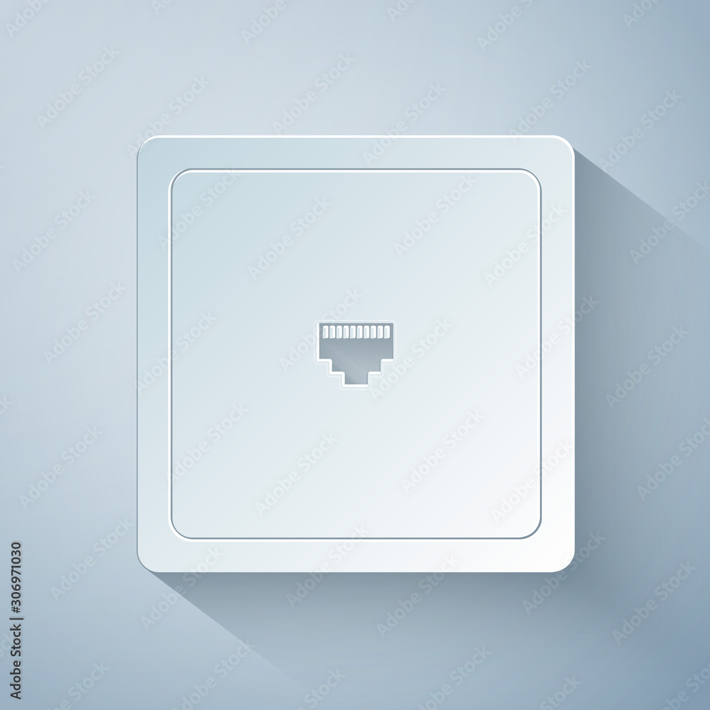 Poster paper cut ethernet socket sign. network port - cable socket icon isolated on grey background. lan po