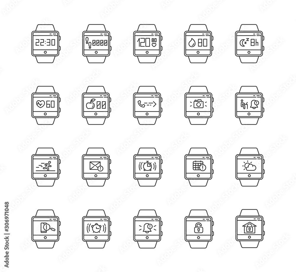 Poster fitness tracker functions linear icons set. wristband smartwatch capabilities and wellness services 