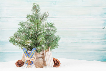 Christmas card with fir tree and decor