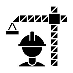 Construction industry glyph icon. Building sector. Crane builder in helmet. Industrial engineering. Real estate development. Silhouette symbol. Negative space. Vector isolated illustration