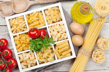 Various pasta in wooden box