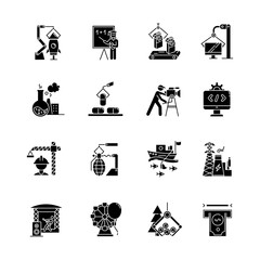 Industry types glyph icons set. Goods and services production. Technology development. Human activities. Businesses in various sectors of economy. Silhouette symbols. Vector isolated illustration