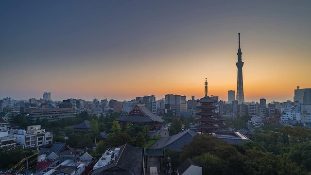 4k. Time lapse view sunrise of tokyo city and asakusa temple  sensoji-ji  asia is a famous place in Japan