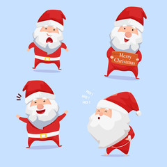 Funny cartoon characters of Christmas Santa Claus with different emotions and New Year's objects. Vector set of Christmas elements for holiday invitations, greeting card and advertising design.