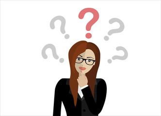 Thinking business woman standing under question marks. Young caucasian business woman thinking. Thinking business woman surrounded by question marks. Vector flat design illustration.