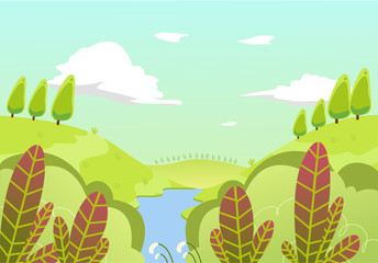 Fototapeta na wymiar vector illustration of beautiful summer background landscape. tree. green hills. blue sky. river. in flat cartoon style