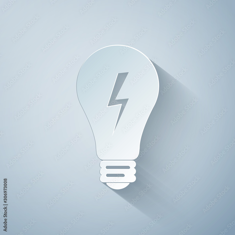 Poster paper cut light lamp sign. bulb with lightning symbol icon isolated on grey background. idea symbol.