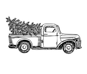 Pickup with Christmas tree in line art style. New Year. © Ilona