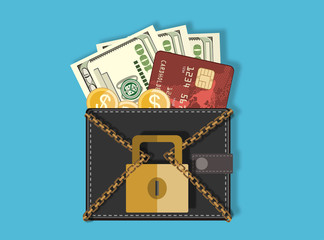 Credit card with chains and pad lock. Concept of protection. flat illustration concept for web banners, web and mobile app, web sites, infographics.