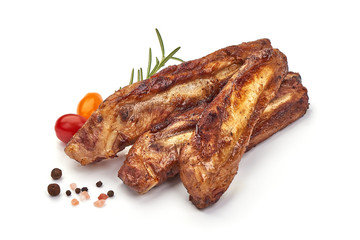 Grilled pork ribs, roasted meat with rosemary, isolated on white background