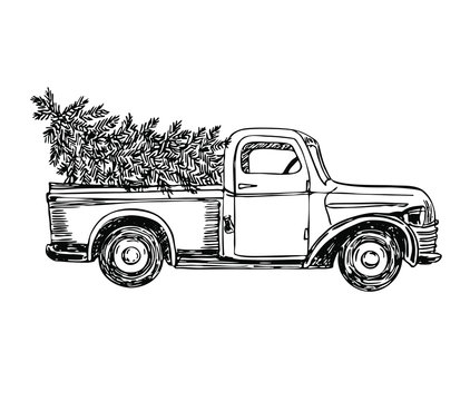 Pickup with Christmas tree in line art style. New Year.