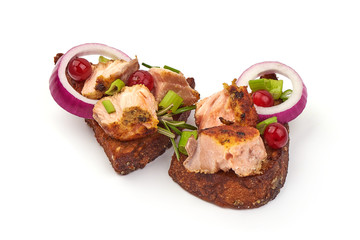 Sandwich with fried salmon, canapes with fish, isolated on white background