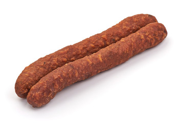 Hungarian dried sausage, spicy sausages, isolated on white background