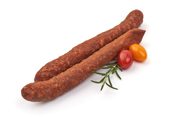 Spicy dried sausage, isolated on white background
