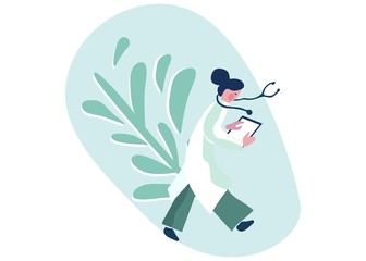 A female doctor walking through the hospital. Going to visit her patients. Flat vector illustration.
